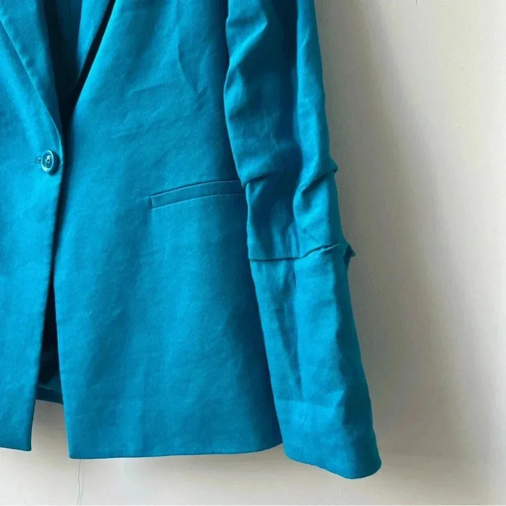 Alice + Olivia Pailey Fitted Notch Collar Blazer - Ocean Blue Linen - Size 0 - Picture 7 of 14